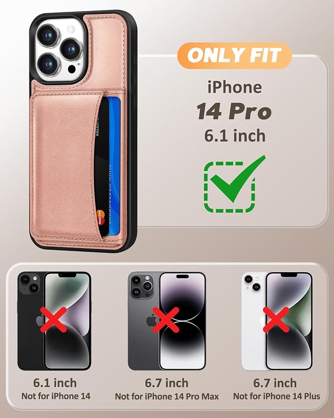 for iPhone 14 Pro Case with Wallet - Fits 4 Card Slots, Compatible with MagSafe for Women Aesthetic Durable PU Leather Credit Card Holder Kickstand Phone Cover for Apple 14 Pro, Rose Gold