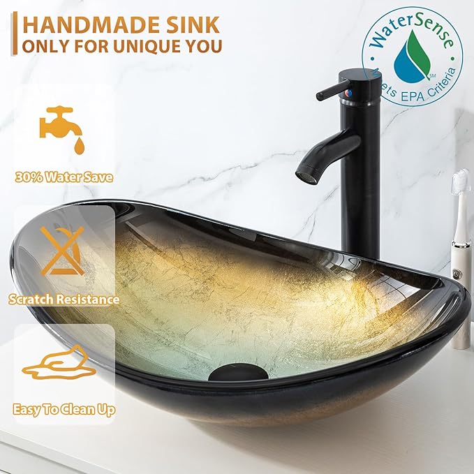 eclife 72" Modern Bathroom Vanity Sink Combo Freestanding Cabinet with Small Side Cabinet, Champagne Boat Glass Vessel Sink, Water Save Faucet, Drain (White+A29CH)