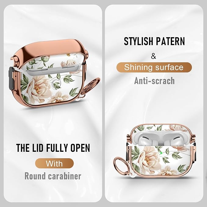 Maxjoy for Cute Airpods Pro 2 case with Safety Lock,Compatible Airpods Pro Case 2nd/1st Gen,Compatible Flesh Colored Rose Flower AirPods Case Cover for Women Girly with Keychain-Transparent