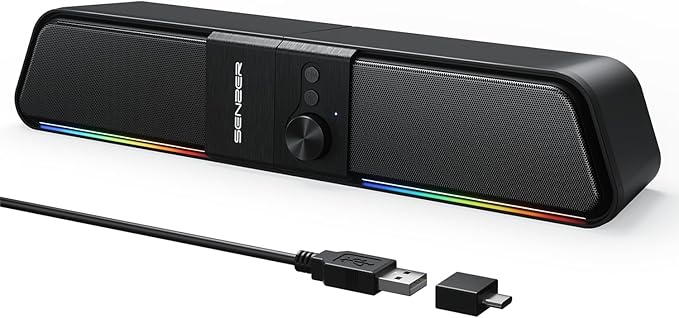SENZER CS20 2 in 1 Bluetooth Computer Speakers for Desktop, USB Plug & Play Clear Sound PC Speakers with RGB Light, Monitor Sound Bar with Volume Knob, Gaming Speaker for PC Laptop Phone Tablet