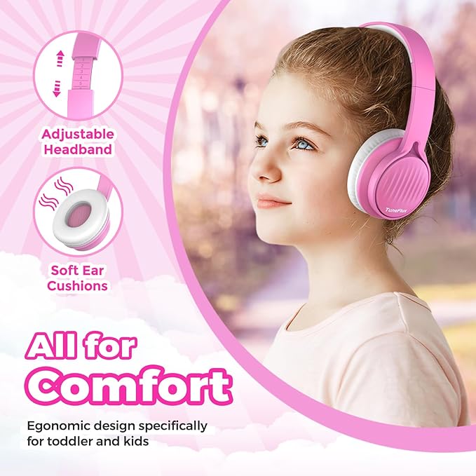 TuneFlux Upgraded Kids Headphones, Wired Toddler Headsets, 85dB Limited Volume On Ear Headphones, Portable Foldable Design, Stereo Sound Kids Headsets for School/Tablet/Travel-Pink