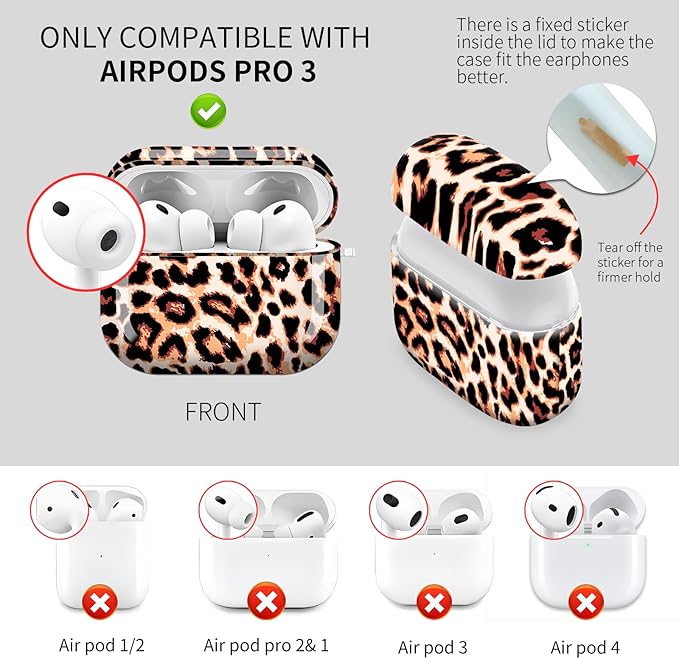 Cute Hard Case Compatible with AirPods Pro 3rd Generation Case (2025), Shockproof Protective Cover with Golden Keychain Ring Clip (Brown Leopard)