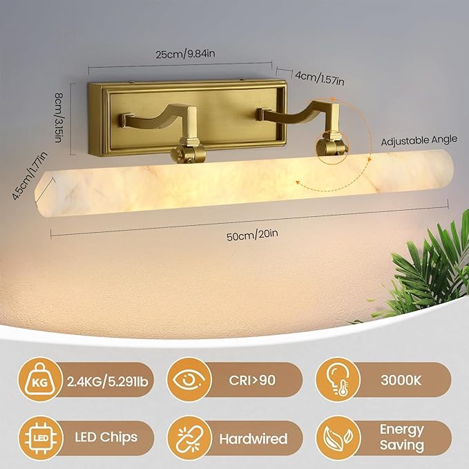 Alabaster Vanity Lights, 20in Marble Bathroom Vanity Sconces, Modern Wall Picture Lights Hardwired, Dimmable Brush Gold Art Light, Brass Picture Frame Light for Artwork Poster Library Photo Display