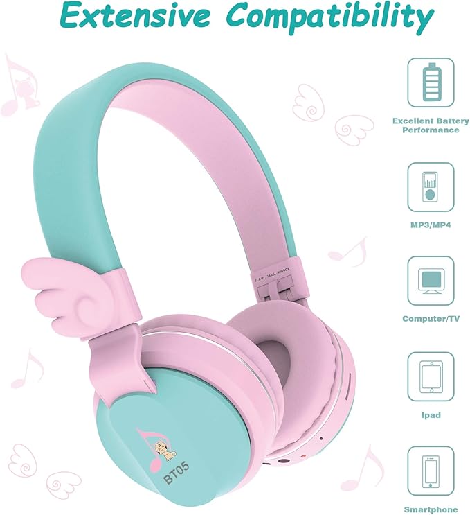 Kids Bluetooth Headphones, Riwbox BT05 Wireless Kids Headphones Over Ear with Volume Limited and Mic/TF Card Compatible for iPad/iPhone/Tablet (Pink&Green)