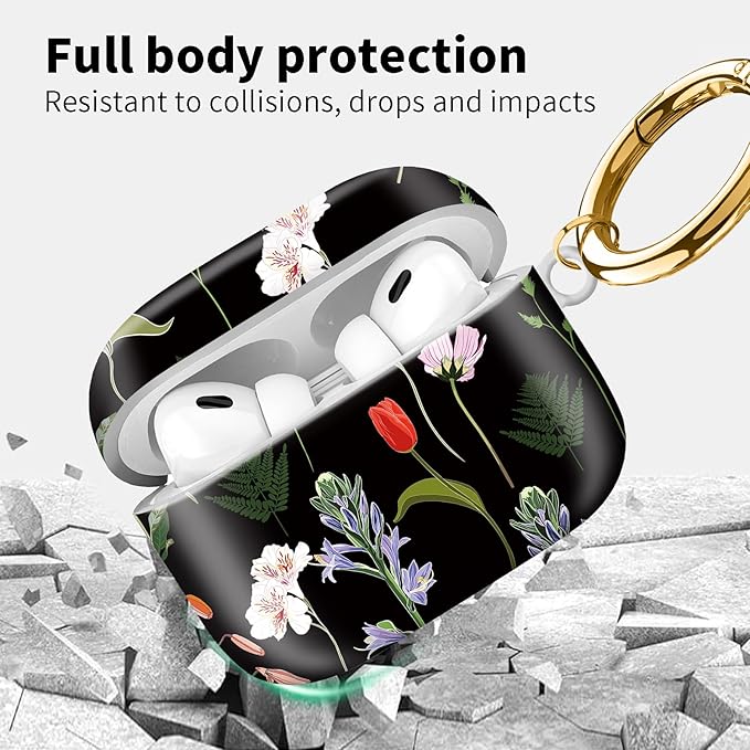 Compatible with Airpod pro 2nd/1st Generation Case Cover with Gold Round Keychain Cute Pattern Hard & Anti Slip Cover for Men Women & Girls（Blooming Flowers）