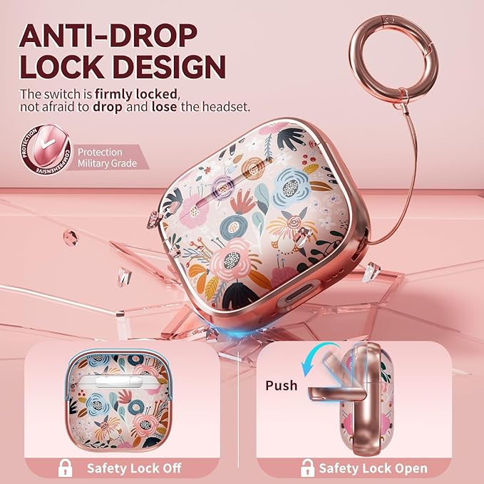 Inesore with Safety Lock for AirPods 4 Case Cover 2024,Floral Cute AirPod 4th Generation Case for Women Girly with Cleaner Kit and Keychain- Pink Berry Flower