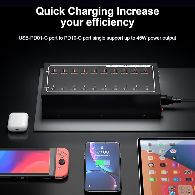 400W USB Charging Station, Charger with 10 PD Ports for MacBook Pro, iPhone, Smartphones, Tablets and Other Devices，Fast Compact Travel Adapter