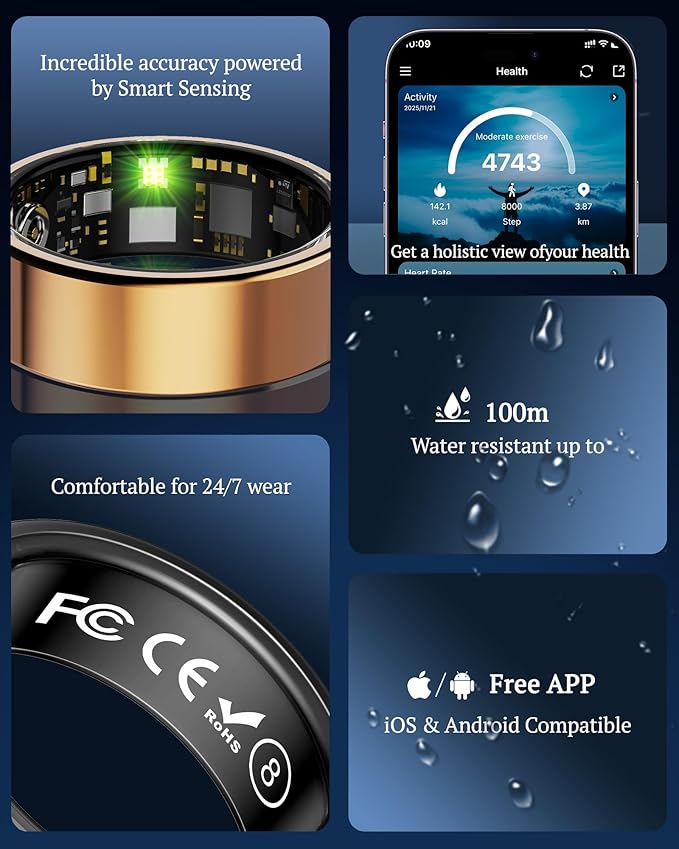 Smart Ring for Women & Men with Display, Health Ring with Heart Rate, Sleep Monitor, IP68 Waterproof Fitness Ring, Fitness Tracker Ring, No APP Fee for iPhone and Android (Rose Gold, 14#)