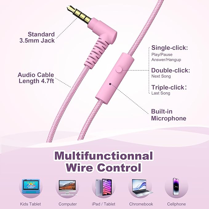 Kids Headphones, Wired Headphones for Kids On Ear with Microphone, 93dB Volume Limiter Headphone for Girls Boys, Foldable Lightweight Headphone for School Learning & Entertainment, Pink Purple
