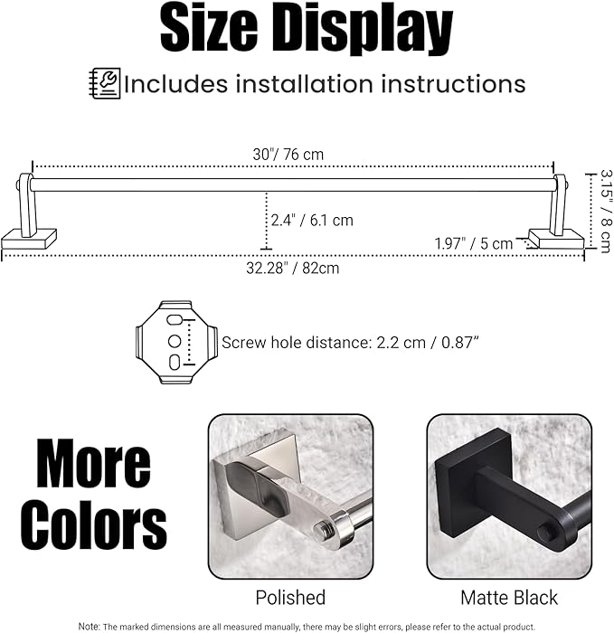 Miyili 30-Inch Bathroom Towel Bar, Durable Brushed SUS 304 Stainless Steel Wall Mounted Bath Towel Holder, Total Length 32-Inch