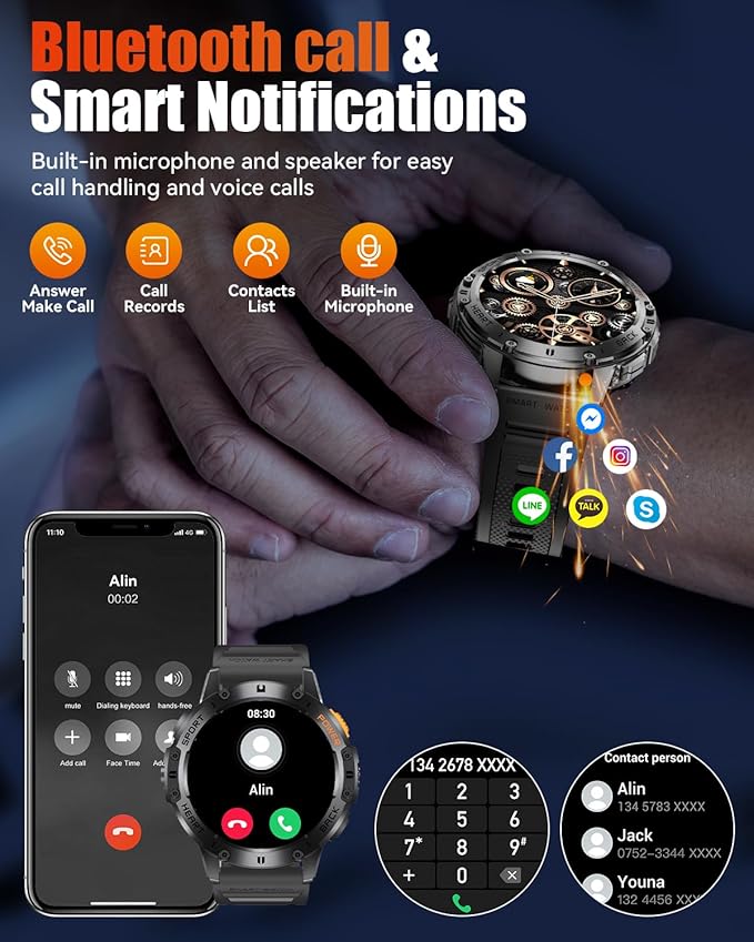 Military Smart Watches for Men with Bluetooth Call, 1.43" AMOLED Waterproof Smartwatch with Flashlight, 111 Sport Modes, 530mAh Heart Rate/Sleep Monitor for Android iOS