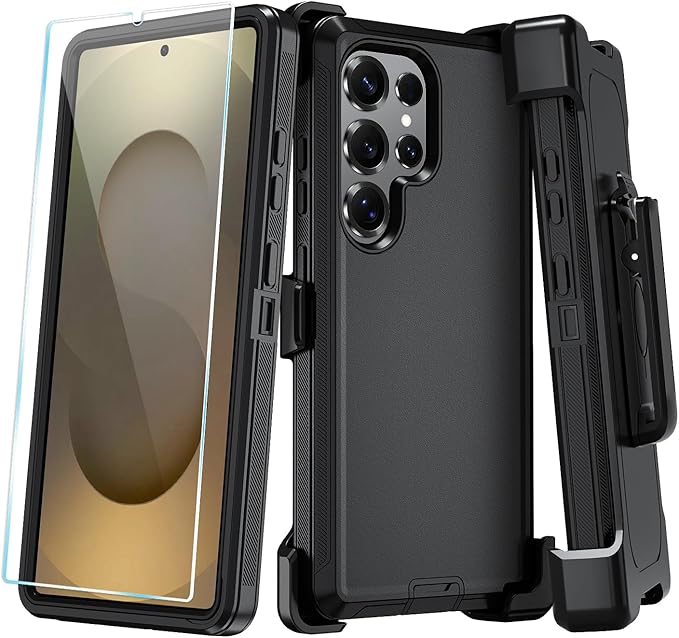 ONOLA Phone Case for Samsung Galaxy S25 Ultra Case with HD Screen Protector, Heavy Duty Shockproof & Dropproof 3-Layer Cover Phone Case for Galaxy S25 Ultra 6.9''，BeltClip_Black