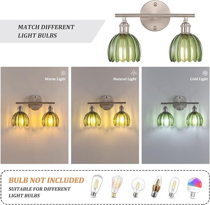 Bathroom Light Fixtures, 2-Light Vanity Wall Light Over Mirror with Green Tulip Glass Shade for Bedroom Living Room (Bulb Not Included), Satin Nickel