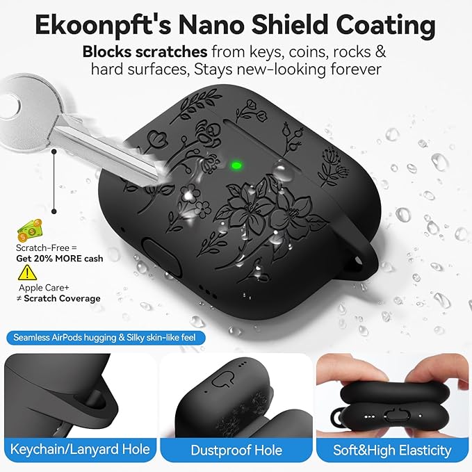 for AirPods 4 Case, Soft Silicone Flower Engraved Airpod 4 Cases with Qute Keychain & Cleaning Kit, Compatible with AirPods 4th Generation 2024 Cover for Women Girly, Anti-Scratch, Shockproof