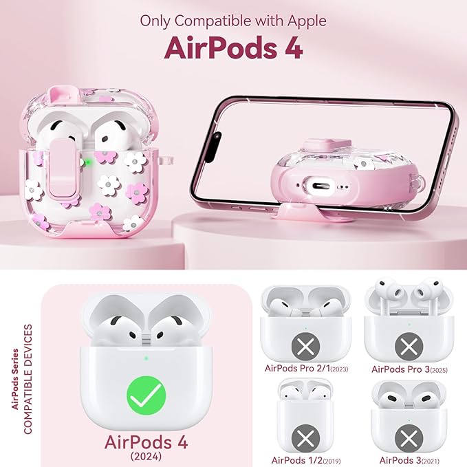 with Safety Lock for Apple AirPods 4 Case,Clear Floral Cute AirPod 4th Generation Case with Phone Stand & Cleaning Kit for Women Girly-Flower