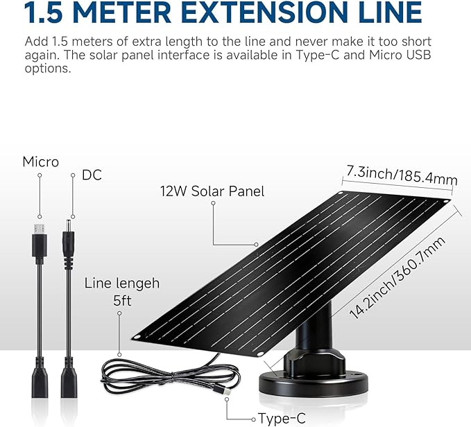 12W Solar Panel for Security Camera, 5V USB-C Solar Charger with Micro USB & Barrel Adapters, Outdoor Weatherproof for Continuous Home and Property Monitoring (2)