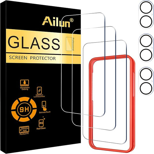Ailun 3 Pack Screen Protector for iPhone 16 [6.1 inch] + 3 Pack Camera Lens Protector with Installation Frame,Case Friendly Tempered Glass Film,[9H Hardness][Not for iPhone 16e/16 Pro/Plus/Pro Max]