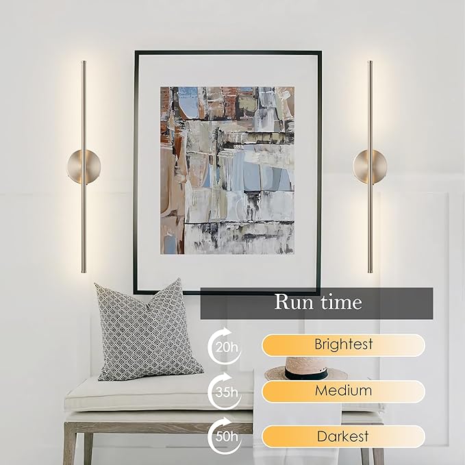 Battery Operated Wall Sconces with Remote Control, Dimmable Wall Sconces Set of Two, 350°Rotate, 3000K LED Nickel Wireless Wall Light for Living Room,Bedroom, Hallway, 28.3 Inch (2 Pack)