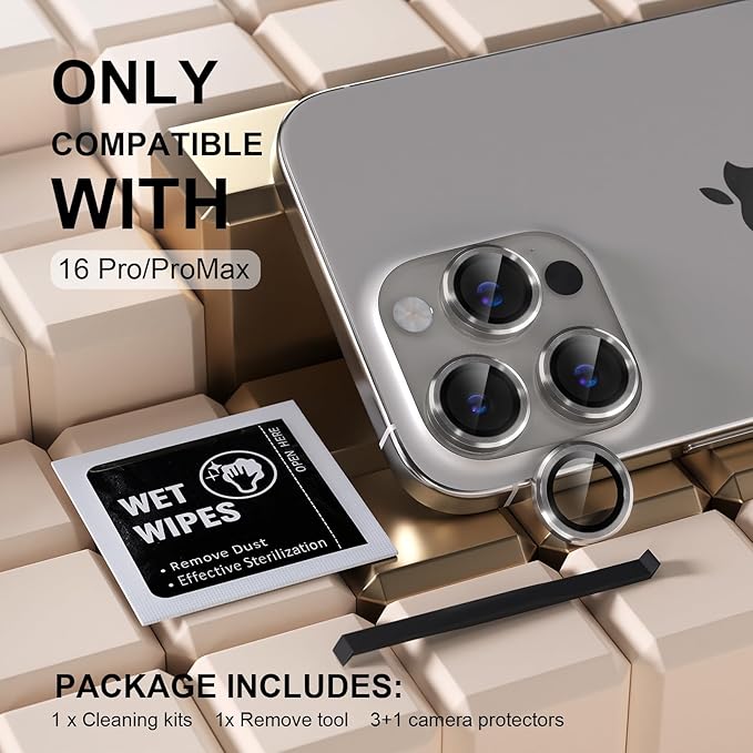 Misea Compatible for iPhone 16 Pro/iPhone 16 Pro Max Camera Lens Protector, Ultra-HD Tempered Glass Camera Cover Screen Protector Metal Individual Ring Protector Accessories, Natural Titanium