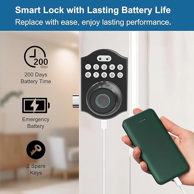 Fingerprint Smart Door Lock Keyless Entry, Keyless Entry Door Lock with Keypad, App Control, Auto Lock, Easy to Install, Smart Deadbolt for Home, Airbnb, Apartment (Black)