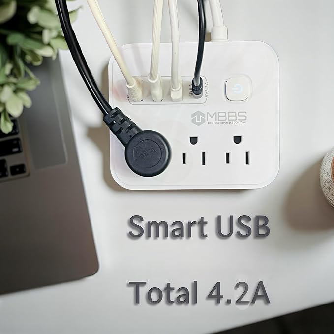 Surge Protector Power Strip with USB C, Heavy Duty Extension Cord – (7-in-1) 3 AC Outlets, 4 USB Ports, LED On/Off Switch – Compact & Travel Friendly – Home, Office. (5ft)