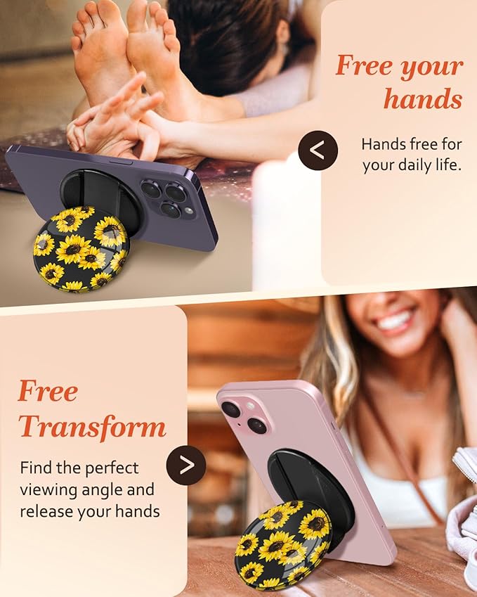 Kidcube Phone Grip Compatible with Magsafe - Magnetic Phone Grip Stand Cute Sunflower Finger Grip Kickstand Ring Holder Women Girls Compatible with Magsafe Accessories for iPhone 16/15/14/13/12 Series