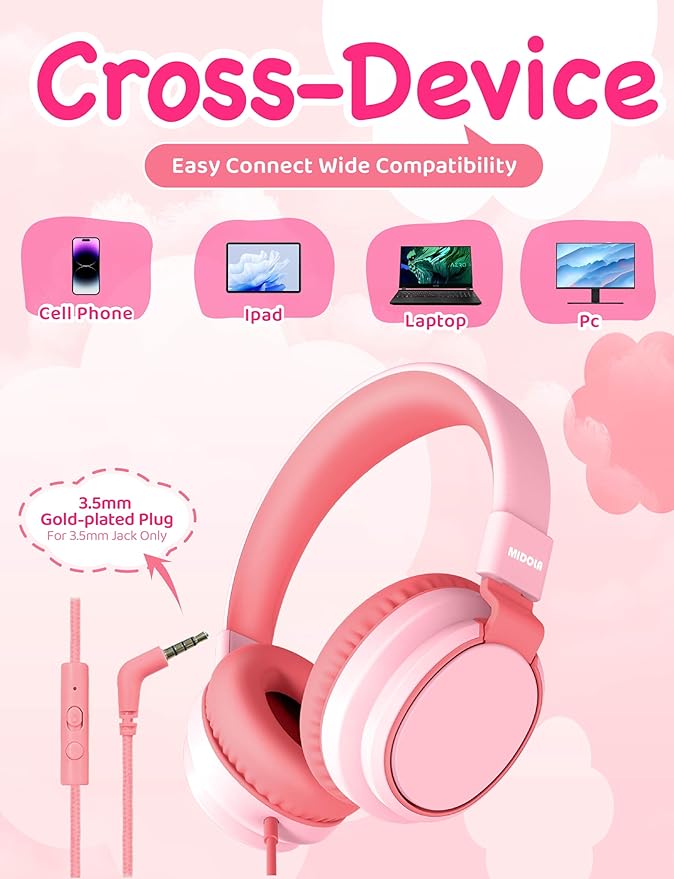 MIDOLA Kids Headphone Wired Volume Limited 85/94dB Over-Ear/On-Ear Foldable Headset with Microphone Hearing Protection Headphones for Toddler Boy Girl Child School Learning Pad Tablet Pink
