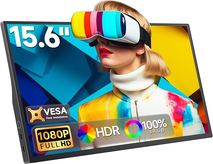 15.6" Portable Monitor 1080P FHD IPS, 250 Nits Brightness, Adjustable Kickstand with VESA Mount, USB-C HDMI, Dual Speakers, Ultra-Slim Travel Laptop Second Screen for Phone PC PS5 - Image 8