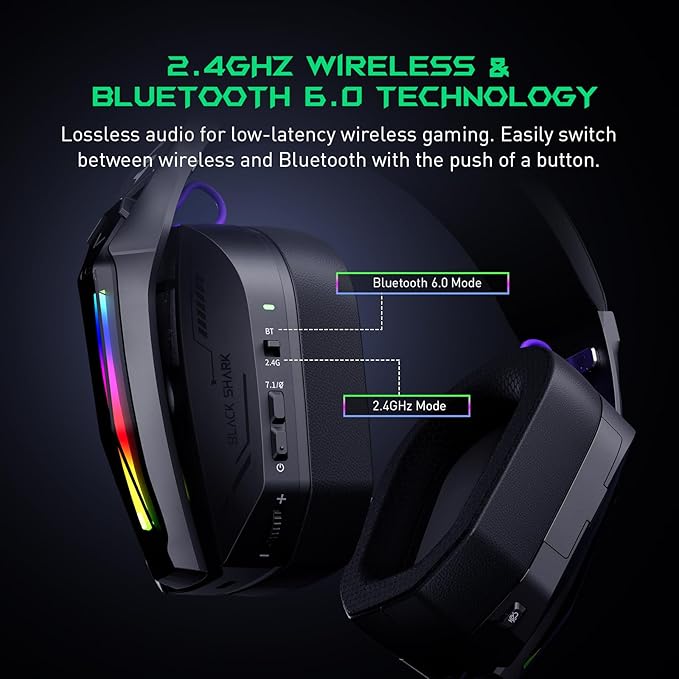 Black Shark Wireless Gaming Headset, Bluetooth 6.0 Gaming Headphones with USB and Type-c Connector, 7.1 Surround Sound for PC, PS5, PS4, Noise Canceling Microphone & 40H Battery, Goblin X8 (Black)