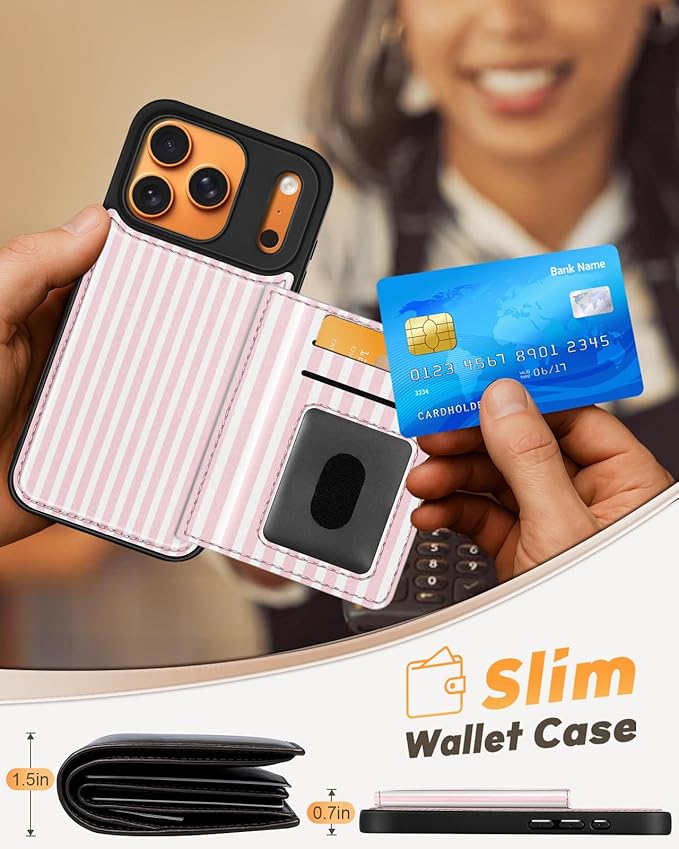 for iPhone 17 Pro Max Case with Wallet - Fits 4 Card Slots, Compatible with MagSafe for Women Aesthetic Durable PU Leather Credit Card Holder Kickstand Phone Cover for Apple 17 Promax, Stripes