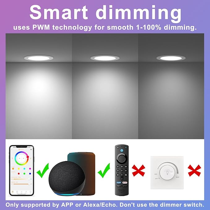 24Pack Smart Recessed Lighting 4 Inch RGBCW Color Changing 12W LED Downlight with Junction Box,1000 Lumen Recessed Ceiling Light Compatible with Alexa,Dimmable by Bluetooth Control