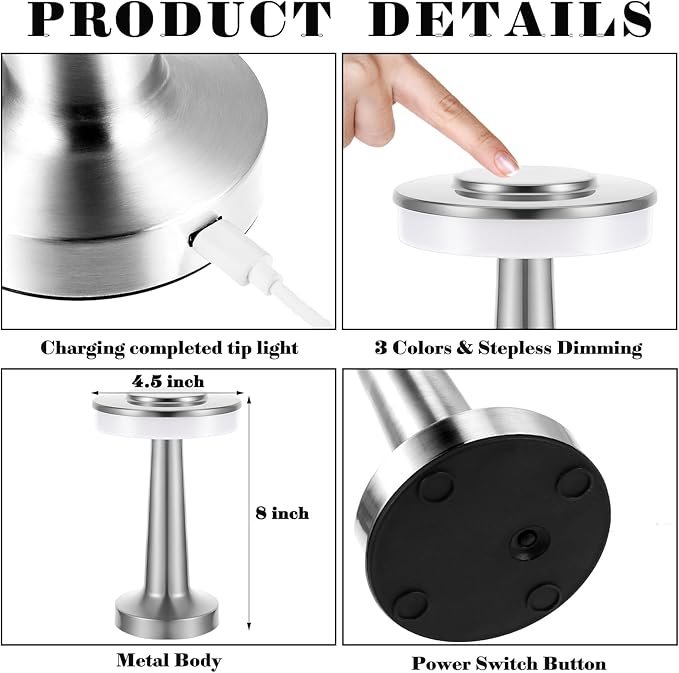 VIHOSE 12 Pcs Silver Cordless Table Lamps LED Portable Rechargeable Table Lamp with Touch Sensor 3 Color Dimming up to 15 Hours Battery Desk Light for Restaurant Nursery Living Room