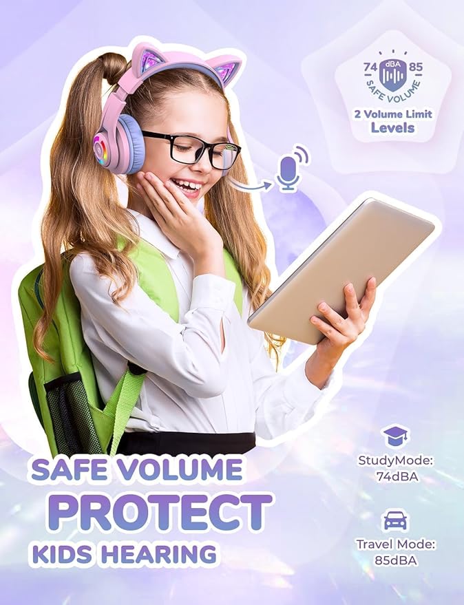 iClever Cat Ear Kids Bluetooth Headphones, LED Lights Up, 74/85dBA Safe Volume Limited, 50H Playtime,Bluetooth 5.2, USB C,Kids Headphones Wireless Over Ear for Travel iPad Tablet, Meow Macaron-Purple