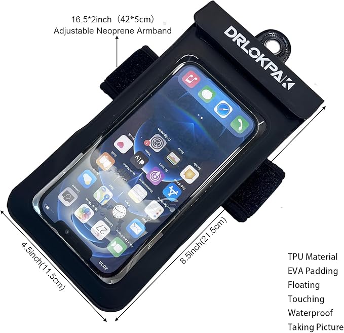 DRLOKPAK Waterproof Phone Case Armband Surfing Dry Bag Floating Waterproof Pouch Holder for iPhone 15 14 13 12 Pro Max XS Plus Se Galaxy S23 + Ultra W24 Google LG Phone up to 7inch