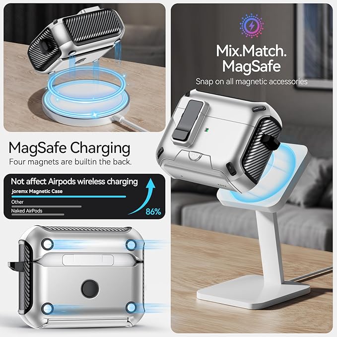 for AirPods Pro 2nd/1st Case (2023/2022/2019) with Phone Stand,（with Automatic Snap Switch） Carbon Fiber Design Protection Cover with Cleaning Pen,Silver