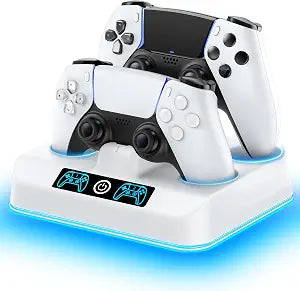 PS5 Controller Charger Station, Drop & Go Design Compatible with PlayStation 5 DualSense/Edge Remotes, Fast Charging Dock with 9 RGB Lights & LED Indicator, Charging Stand
