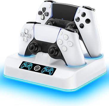 PS5 Controller Charger Station, Drop & Go Design Compatible with PlayStation 5 DualSense/Edge Remotes, Fast Charging Dock with 9 RGB Lights & LED Indicator, Charging Stand