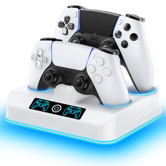 PS5 Controller Charger Station, Drop & Go Design Compatible with PlayStation 5 DualSense/Edge Remotes, Fast Charging Dock with 9 RGB Lights & LED Indicator, Charging Stand