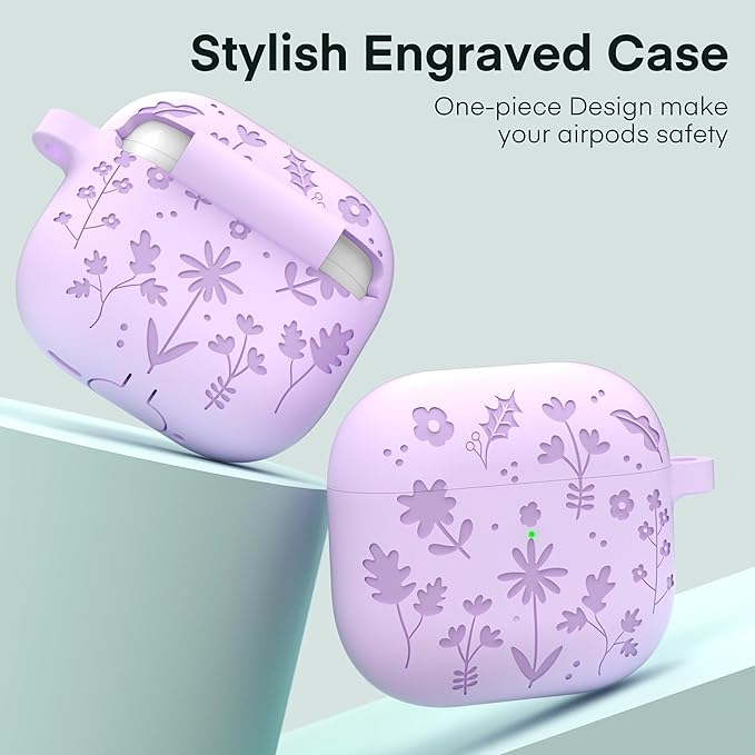 Maxjoy for AirPods 4 Case, Engraved Silicone Cute AirPod 4 Case for Women Men Protective iPod 4 Cover with Keychain Cleaning Kit for AirPod 4th Generation Cover 2024, Purple
