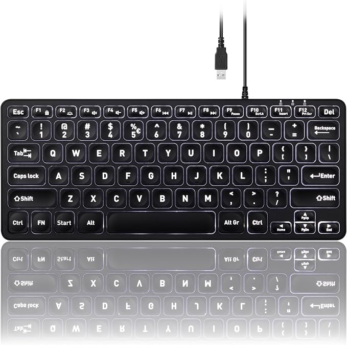 Perixx PERIBOARD-332 Wired Backlit USB Keyboard - Mini 11.22x4.57x0.83 Inches - Slim Scissor Keys with Big Font - White Illuminated LED - US English - Image 8