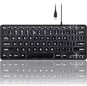 Perixx PERIBOARD-332 Wired Backlit USB Keyboard - Mini 11.22x4.57x0.83 Inches - Slim Scissor Keys with Big Font - White Illuminated LED - US English - Image 1