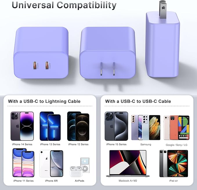 Susnwere 40W Dual USB C Charger Block,2-Port Fast USB-C Power Adapter Wall Charger Plug Type C Charging Block for Laptop Computer & Tablets/Phones iPhone 15/14/13/12/11/X, iPad,Samsung,Google 2 Pack