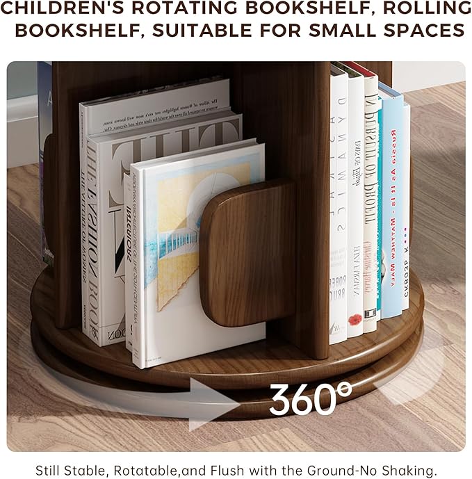 Solid Wood Rotating Bookshelf on Wheels, 5 Tier, Round Revolving Bookcase, 360° Spinning Book Shelf Tower for Kids,Narrow Storage Organizer for Bedroom, Living Room,