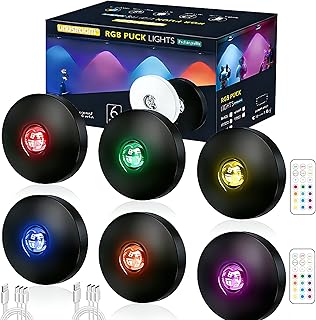 UNUSROOM Rechargeable RGB Puck Lights with Remote Control, Wireless Under Cabinet Lighting,13 Color Changing Lights with Dimmer, Timer,2000mAh Battery Operated Tap Lights for Kitchen