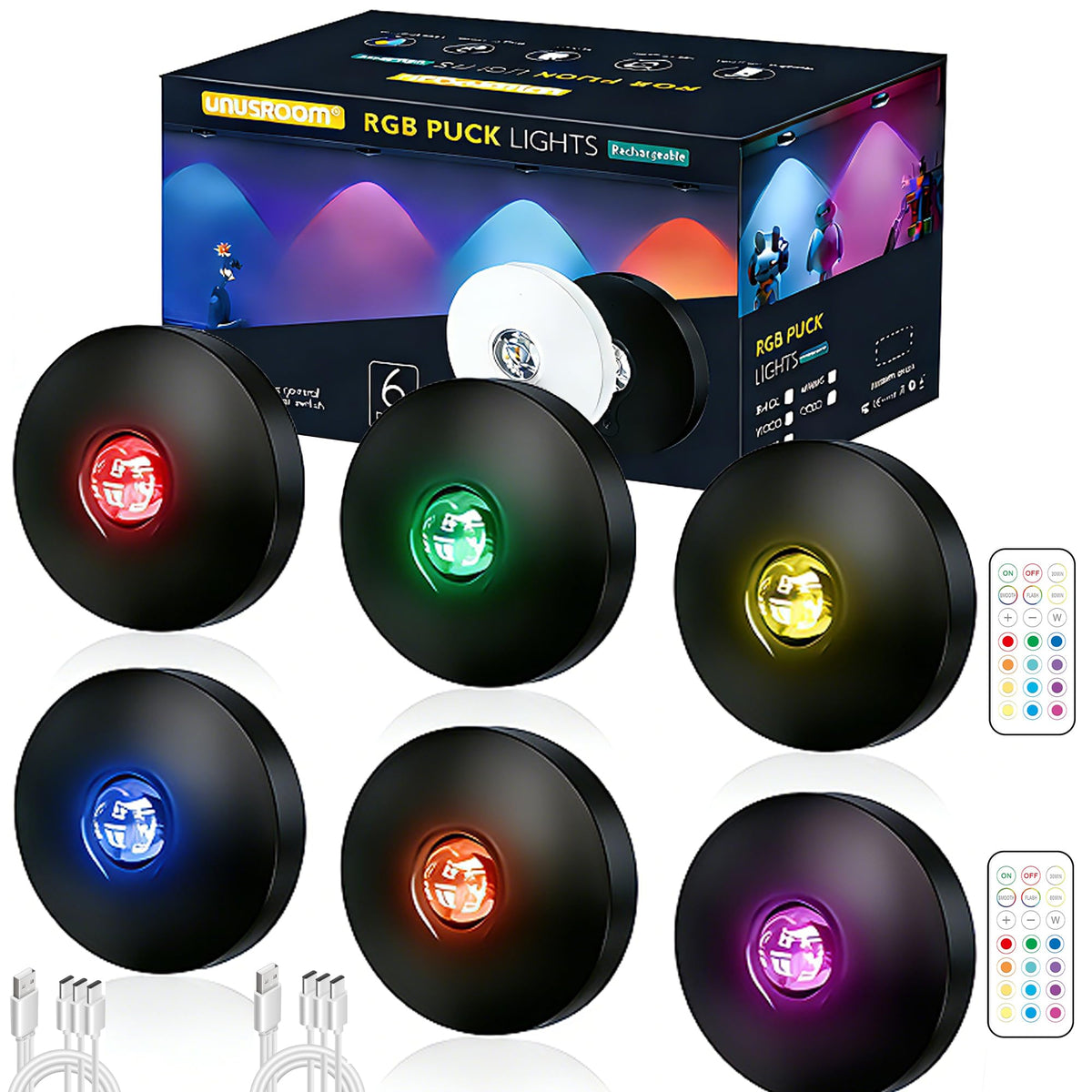 UNUSROOM Rechargeable RGB Puck Lights with Remote Control, Wireless Under Cabinet Lighting,13 Color Changing Lights with Dimmer, Timer,2000mAh Battery Operated Tap Lights for Kitchen