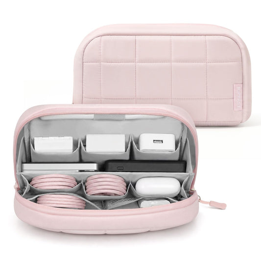 TOPEAST Quilted Cable Organizer Bag, Soft Tech Pouch & Travel Electronics Case with Elastic Pen Loop, Tangle-Free Cord Organizer for Women, Office Desk, AirPods, Chargers & Accessories, Pink