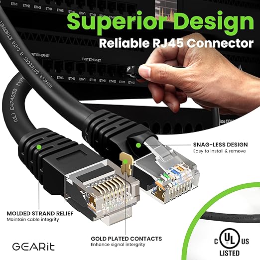 GEARit Cat 6 Ethernet Cable Pack - 20-Pack 2 ft Cat6 Ethernet Patch Cables | RJ45 Network Patch Cable, 10 Gbps Snagless Gold-Plated Connectors - Ethernet Cable Cat 6 for PC, TV, Router - Black