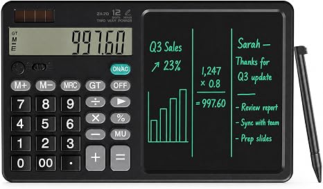 Desk Calculator with Erasable Writing Pad, 12-Digit Wide Screen Display, 100,000+ Reusable LCD Notepad, One-Click Clear & Lock Function, Solar and Battery Dual Power for Office,School,Business (Black)