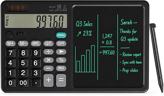 Desk Calculator with Erasable Writing Pad, 12-Digit Wide Screen Display, 100,000+ Reusable LCD Notepad, One-Click Clear & Lock Function, Solar and Battery Dual Power for Office,School,Business (Black)