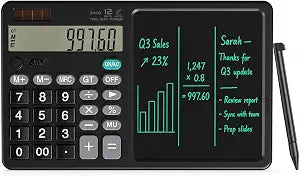 Desk Calculator with Erasable Writing Pad, 12-Digit Wide Screen Display, 100,000+ Reusable LCD Notepad, One-Click Clear & Lock Function, Solar and Battery Dual Power for Office,School,Business (Black)